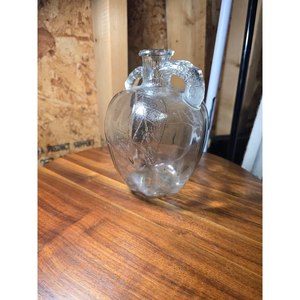 Vintage Clear Glass Apple Shaped Decorative Jug Double Handle Leaf Embossed 7in